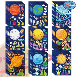 36 Sheets Reusable Space Stickers Make Your Own Planet Stickers Games,Easy to Peel and Stick,Make a face Outer Space Stickers for Kids,9 Planets Solar System Birthday Party Favor Stickers for Kids