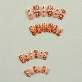 24pcs Cute Christmas Press on Nails Medium Length Fake Nails Gingerbread Man Snow Chocolate House designs Square Stick on Nails Full Cover Winter Xmas Glue on Nails Cartoon Acrylic Nails for Women