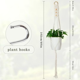 XiuGlimpse Macrame Hanging Planter, Indoor Plant Hanger with 3 Wood Beads, White G, 7" W x 2" D x 35" H