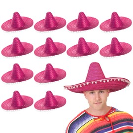 Pink Mexican Sombrero - Pack of 1 - Straw Sombrero with White Pom Poms - Straw Hat Fancy Dress Costume Ideal for Hen/stag Night, Summer, Beach Party, Wholesale Bulk