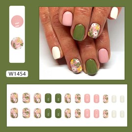 24Pcs Flower Press on Nails Short Square Fake Nails Cute Green Leaf False Nails with Flowers Designs Pink Glue on Nails White Stick on Nails Spring Acrylic Nails Full Cover Glossy Artificial Nail