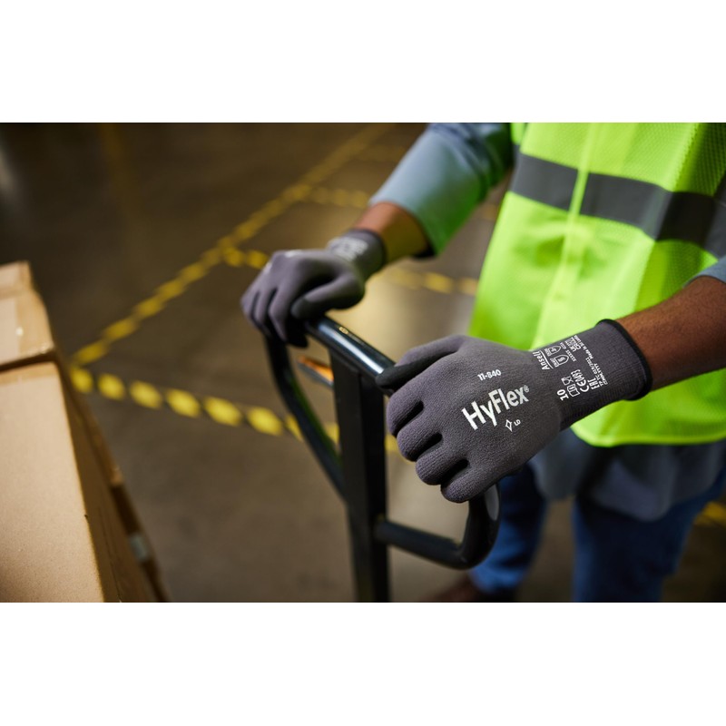 Ansell HyFlex 11-840 Professional Work Gloves, Abrasion Resistant Nitrile Coating