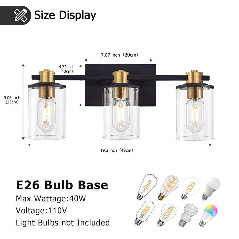 stambord 3 Light Bathroom Vanity Light, Black and Gold Light