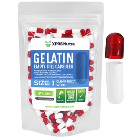 XPRS Nutra Size 1 Empty Capsules - 100 Count Empty Gelatin Capsules - Pill DIY Capsule Filling - Pure Bovine Pill Gel Caps for Do-It-Yourself Supplements (Clear Red/White)