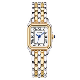 TKIIOER Gold Watches for Women, Vintage Roman Dial Ladies Watche, Two Tone Rectangular Case Analog Womens Watch (Gold and Silver)