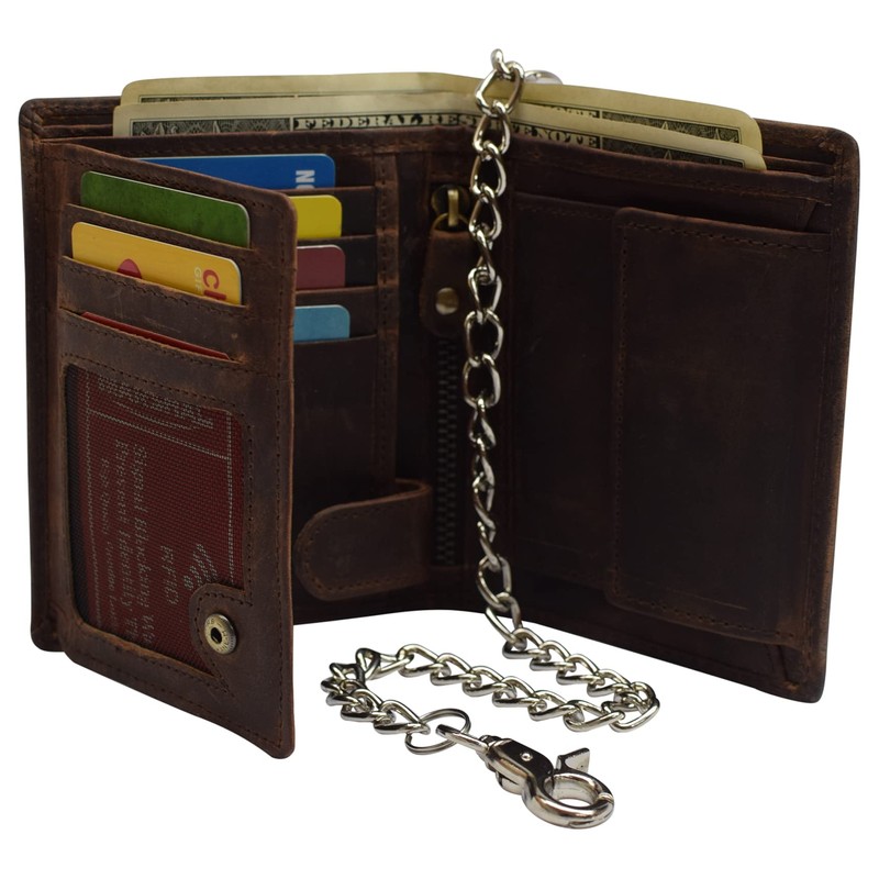 MARSHAL Men's Chain Biker Vintage Leather RFID Blocking European Style