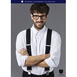 HISDERN Suspenders, X-Shaped, 2.0 inches (50 mm), Wide Men's, Large Size, Black, X-Shape, Black, Leather, Formal, Firmly Hold, Adjustable, Hanging Band, Business Casual, 01 black (improved 2.0)