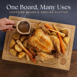 Deer & Oak Large Bamboo Chopping Board 15" x 9.8" x 0.8", Premium Wooden Kitchen Cutting Board for Meat & Vegetables, Pre-Oiled, Water Resistant, Knife-Friendly
