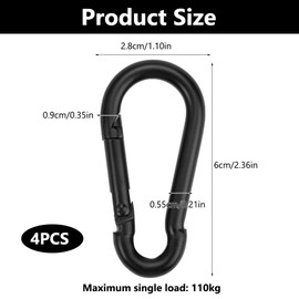 Pack of 4 Carabiner Hooks, Small Black, 6 x 2.8 cm Stainless Steel Carabiner, Safety Carabiner, Multi-Purpose Mini Carabiner for Camping, Travel, Hiking, Fishing, Backpack, Belt, Keyring