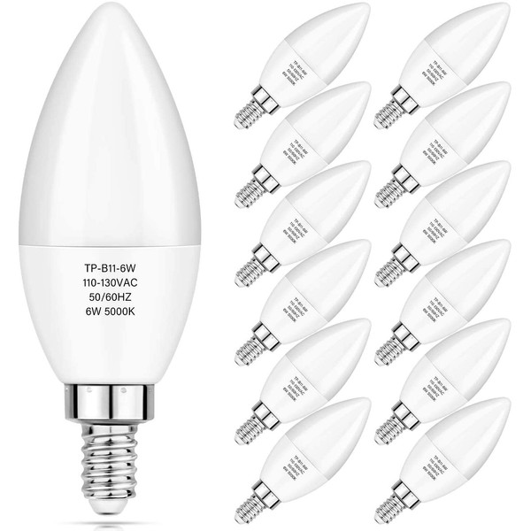 MAXvolador E12 Candelabra LED Bulbs 60W Equivalent, Daylight White 5000K, 6W Chandelier Light Bulbs 600 Lumens, B11 Candle lamp with Decorative Candelabra Base, Non-Dimmable, Pack of 12