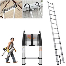 Telescoping Ladder 16.4FT Aluminum Telescoping Ladder with 2 Detachable Hooks, Portable Extension Ladder, Non-Slip Telescope Lightweight Ladder RV Collapsible Ladder for Home, 330Lb Capacity, EN131