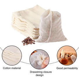 Pack of 100 8 x 10 cm Cotton Muslin Spice Bags with Drawstring 100% Cotton Teabags Reusable Spice Bags for Cooking Tea Bags for Loose Tea Fruit Tea Coffee Spices