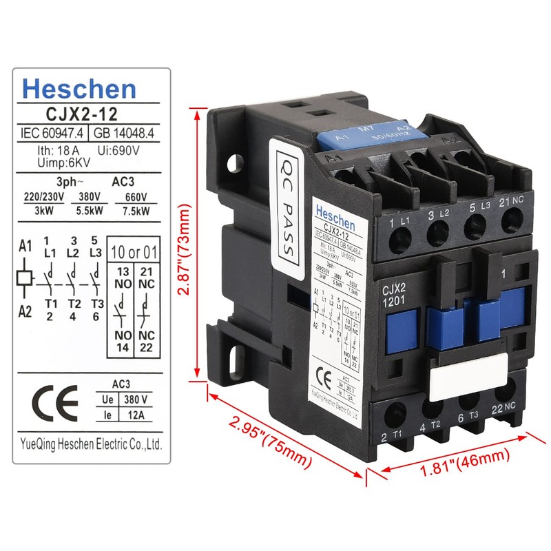 Heschen AC Contactor, CJX2-1201, 220V 50/60Hz Coil, 3P, 3 Pole,