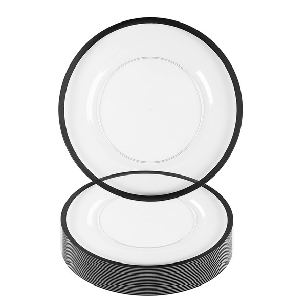 PARTY BARGAINS 13-Inch Charger Plates - 16 Pack, Clear Black Rim, Heavy-Duty Disposable Chargers for Elegant Dining - Ideal for Weddings and Formal Events