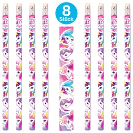 PartyPack Unicorn Children's Pencils and Eraser Set - 16 Pieces - 8 Wooden Pencils and 8 Erasers for Boys and Girls