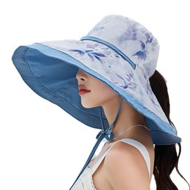 Womens Sun Hats Wide Brim Reversible Floral Beach Bucket Hats Foldable Floppy UV Protection Summer Travel Cap Misty Blue