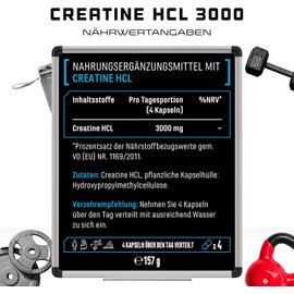 Creatine HCL - 180 Capsules - High Dose with 3000 mg - Pure Creatine Hydrochloride - High Absorption - High Bioavailability - Vegan