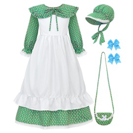 ReliParty Prairie Pioneer Dresses for Girls with Accessories Colonial Costume Girls,Dark Green 160