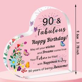 QMVMV 90th Birthday Gifts for Women, Happy 90 and Fabulous Birthday Ideas Heart Acrylic Plaque for Female Friends, Birthday 90 Years Old Presents Ornaments for Her