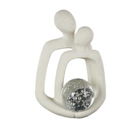 Deco 79 Polystone People Decorative Sculpture Abstract Textured Home Decor Statue with Clear Glass Bubble Textured Orb and Black Speckles, Accent Figurine 10" x 7" x 15", White