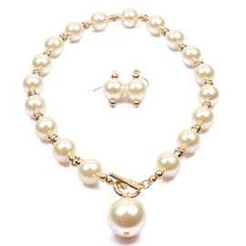 Thkmeet Simple Elegant Faux Pearl Choker Pendant Necklace Earrings Set (Beige White)