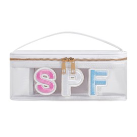 RSRSLEII Clear Waterproof Summer SPF Makeup Bag，Aesthetic Transparent Letter Patch Cosmetic Bag with Metal Zipper, Preppy Sunscreen Accessories Storage Organization, Beach Travel Purse(06SPF White)