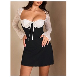 SHENHE Women's Sexy Bustier Corset Dress Lace Long Sleeve Low Cut Bodycon Party Night Mini Dress Black and White Small