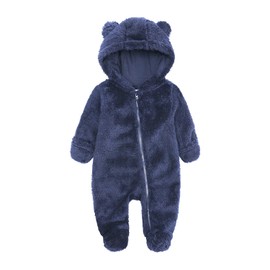 Alunsito Toddler Baby Boy Girl Bear Ear Footed Romper Winter Long Sleeve Hooded Zipper Jumpsuit Warm Playsuit Blue 3 0-3 Months