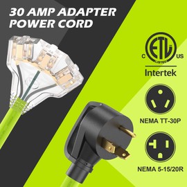 CircleRiver 30 Amp to 110V 20 Amp RV Distribution Adapter, NEMA TT-30P to 5-15R/5-20R T-Blade Household Connectors,RV/Generator Adapter Cord with LED Indicator,10 Gauge 12 inch