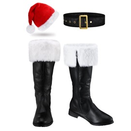 Baggyfly Santa Claus Boots Men Black Santa Boots with Hat Belt Santa Costume Boots with White Fur for Adult Santa Cosplay(8-9)