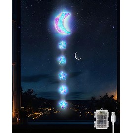 AceList 2025 Ramadan Decorations Star and Moon Hanging Light – 150 LED Iridescent Holographic Moon Window Light with USB & Battery Power for Ramadan, Eid, Bedroom, Party, Wall & Holiday Decorations