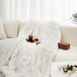 July Reversible Faux Rabbit Fur Throw Blanket, Cozy Plush Bubble Fleece Blanket for Couch, Luxury Cute Cozy Furry Blanket for Bed, White, 60" x 70", SC-WE6070