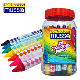 Crayones Jumbo 28 Colores Marca Mussa | Bote con 28 Crayones JUMBO varios colores vivos y brillantes | Bote de crayolas con 28 colores surtidos | Bote Crayolas Mussa Crayones Jumbo