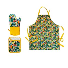 Trenton Gifts Yellow Floral 3 Piece Apron Set - Complete Kitchen Accessories Bundle with Apron, Pot Glove & Pot Holder - Stylish and Practical Cooking Essentials - Perfect for Home Chefs