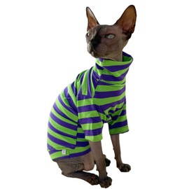 Vintage Stripes Sphynx Hairless Cats Shirt Cotton Cat Turtleneck Pet Clothes Kitten T-Shirts with Sleeves for Sphynx Cats (Eggplant, Small)