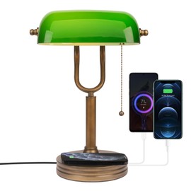 JCPYIUL Green Glass Bankers Lamp, Retro Desk Lamp with USB Wireless Charging Port, Classic Pull Chain Switch Table lamp, for Home Office nightstand Bedside Study Desk Library