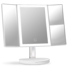 Fancii LED Lighted Vanity Makeup Mirror, Rechargeable Trifold Mirror with 5X & 10x Magnifications - 68 Dimmable Natural Lights, Touch Screen, Best Adjustable Make Up Mirror with Cosmetic Stand