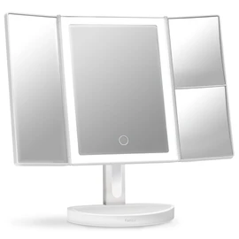 Fancii LED Lighted Vanity Makeup Mirror, Rechargeable Trifold Mirror with 5X & 10x Magnifications - 68 Dimmable Natural Lights, Touch Screen, Best Adjustable Make Up Mirror with Cosmetic Stand