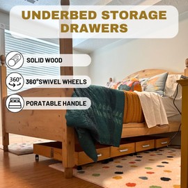 2-Pack Solid Wood Under Bed Storage with Wheels, Underbed Drawers Underneath with Handle - Wooden Crate Clothes Storage Containers Organizer (Light Brown) - Fits Any Size Bed