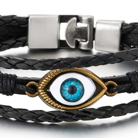 COOLSTEELANDBEYOND Mens Womens Three-Row Leather Evil Eye Beads Charms Bracelet Wristband Wrap Bracelet, Length 7.87", Synthetic Leather and Cotton Rope, not-applicable