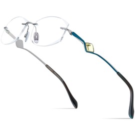 FONEX Titanium Glasses Frame,Rimless Frameless Luxury Diamond Optical Eyeglasses for Women (6121 Blue)