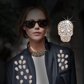 Vintage Skull Crossbone Rhinestone Brooch Retro Personality Crystal Lighting Chain Tassel Shirt Collar Suit Badge for Unisex Men (Gold)