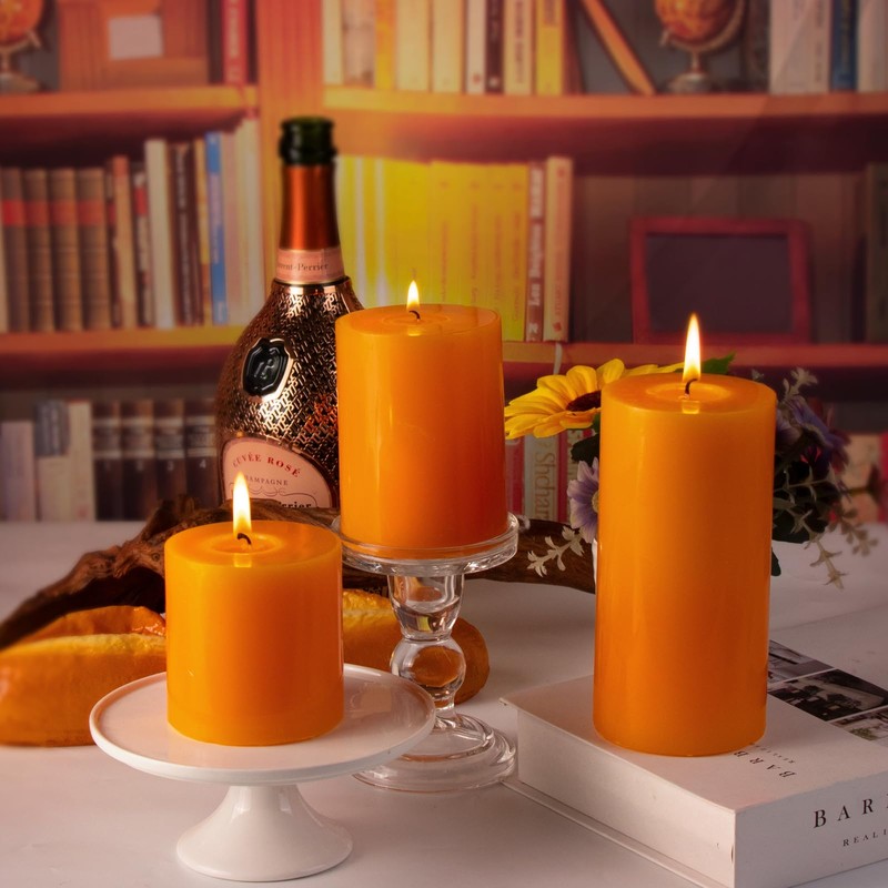 KONNI Orange Pillar Candles Set of 3, 3"x 4" Unscented