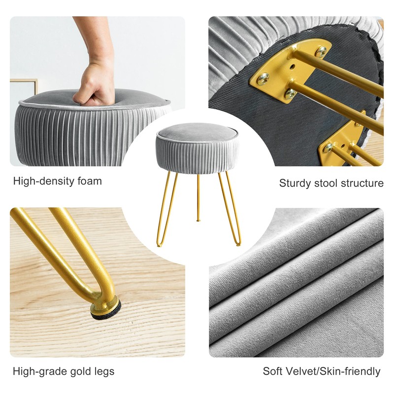 LUE BONA Pleated Vanity Stool, Velvet Upholstered Vanity Stool for