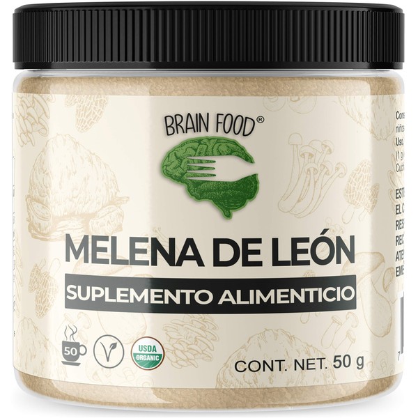 BRAIN FOOD - Melena de León Orgánico en Polvo - Nootrópico Natural 100% - Memoria y Enfoque | 50 g | Vegano | Certificado USDA Organic | Lions Mane Powder