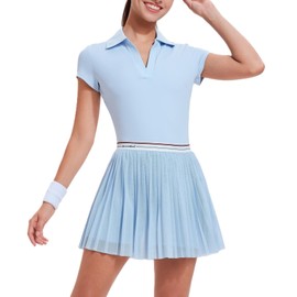 Mudere Women's Two Piece Tennis Skirt Set High Waisted Pleated Golf Outfits Athletic Workout Skort with Pockets Light Blue
