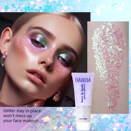 Prreal Body Glitter Gel 50 ml, Face Glitters Body Gel Sequins Shimmer Liquid Eyeshadow, Chunky Glitter for Face Hair Nails, Holographic Cosmetic Laser Powder Festival Glitter Makeup #014 Pink