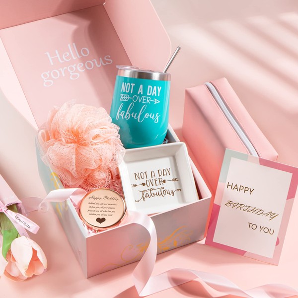 Not a Day Over Fabulous Best Happy Birthday Gifts Tumbler Gift Box for Her, Unique Gift Baskets for Mom Sister Best Friend, Thank You Gifts for Women Who Have Everything