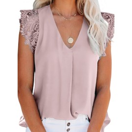 Uusollecy Tank Top, Women's Sleeveless Summer Chiffon Blouse Top, Lace V-Neck Vest Top, Casual Shirt Tops, Blouse - Y-pink Plain, size: s