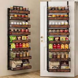 Clothink 8 Tier Over The Door Pantry Orangizer 2 IN 1 Wall Mounted or Hanging Spice Rack with Adjustable Wood Basket,Heavy Duty Seasoning Storage Shelf for Kitchen Pantry and Bathroom
